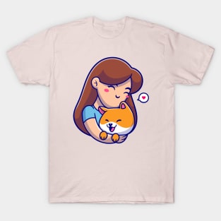 Cute Girl Hug Shiba Inu Dog Cartoon T-Shirt